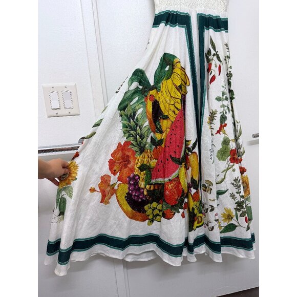 NWT Alemais Frutta Midi Sun Dress White Green Floral Fruit Stripe Linen AU 8 US4 - Picture 14 of 16